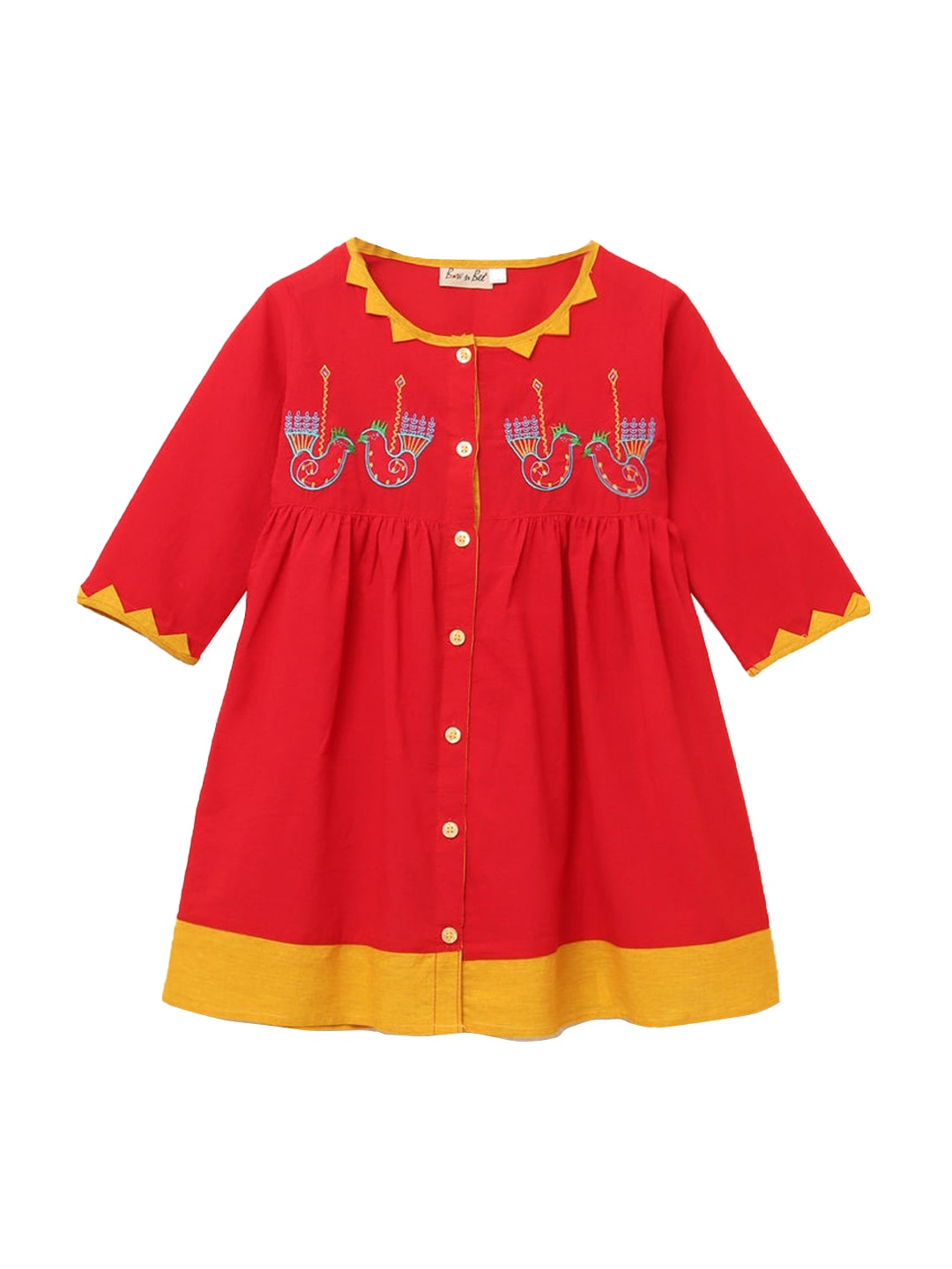 

Hopscotch Girls Red Ethnic Motifs Embroidered Thread Work Kurta