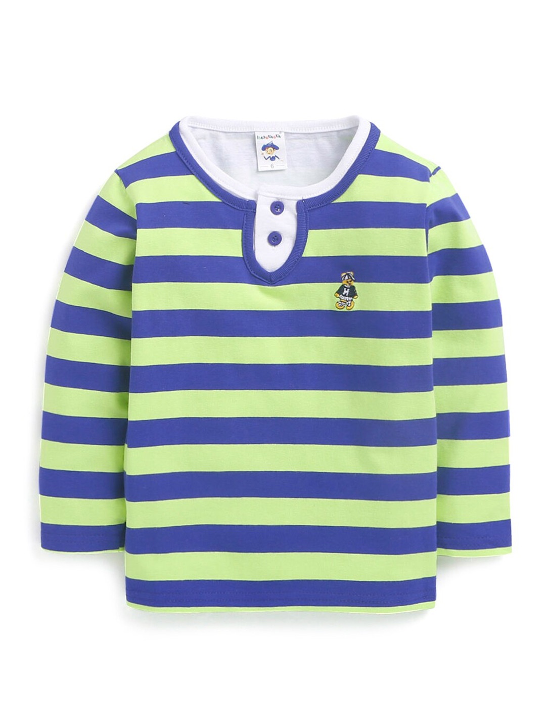 

Hopscotch Boys Navy Blue & Green Striped Henley Neck T-shirt