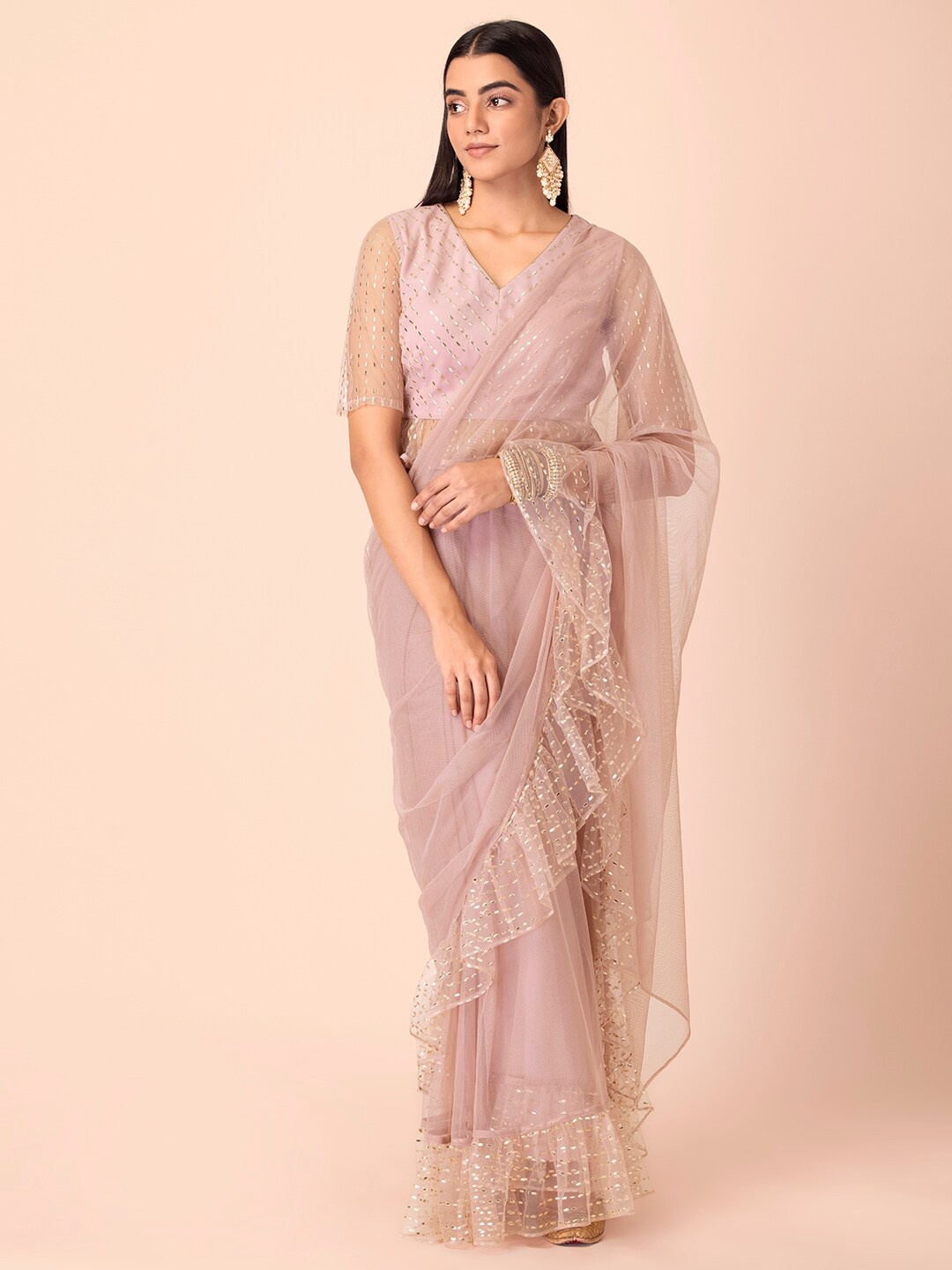 

INDYA Pink Foil Print Ruffled Pre Draped Saree