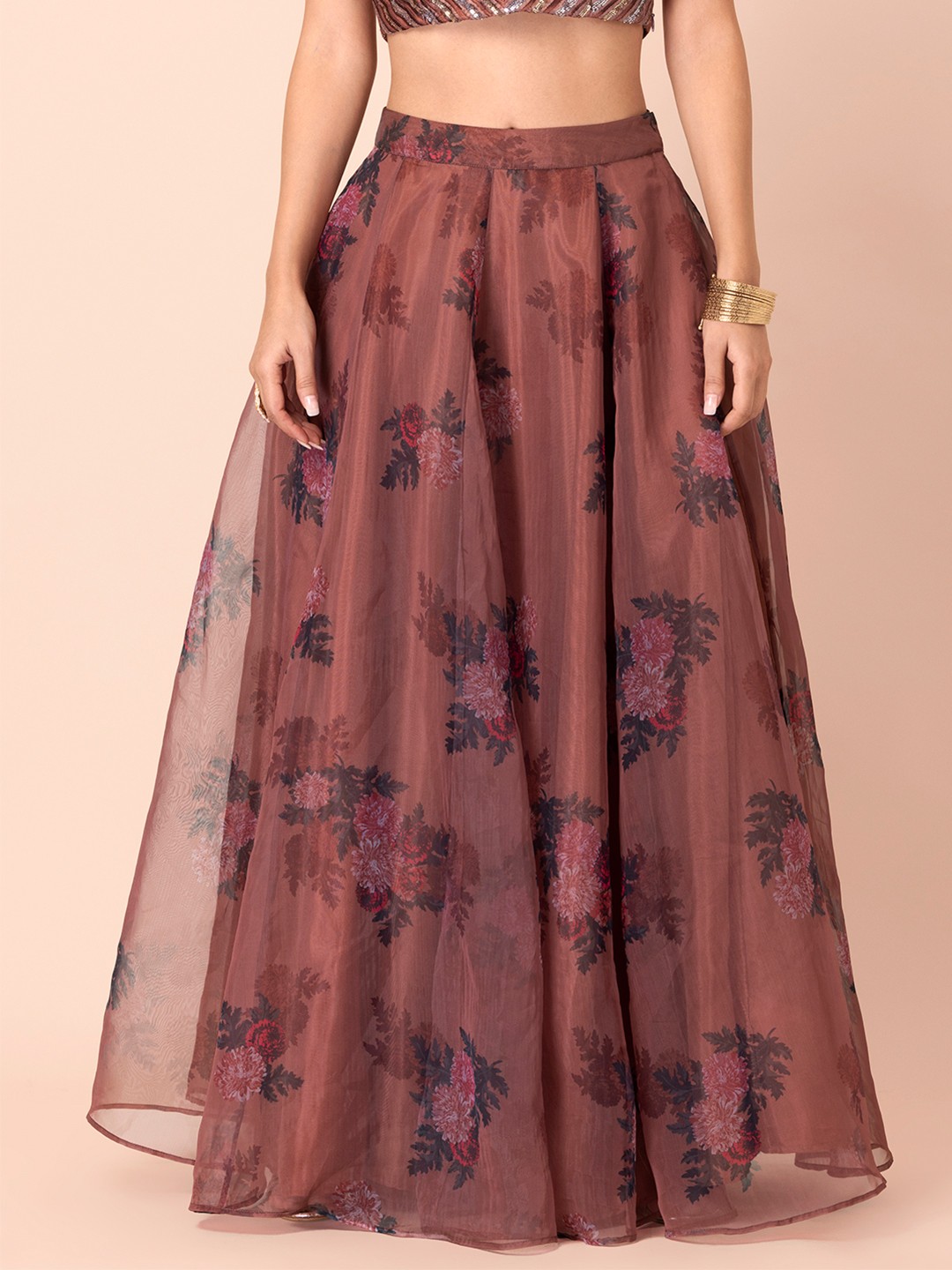 

INDYA Women Brown & Black Printed Organza Flared Maxi Skirt