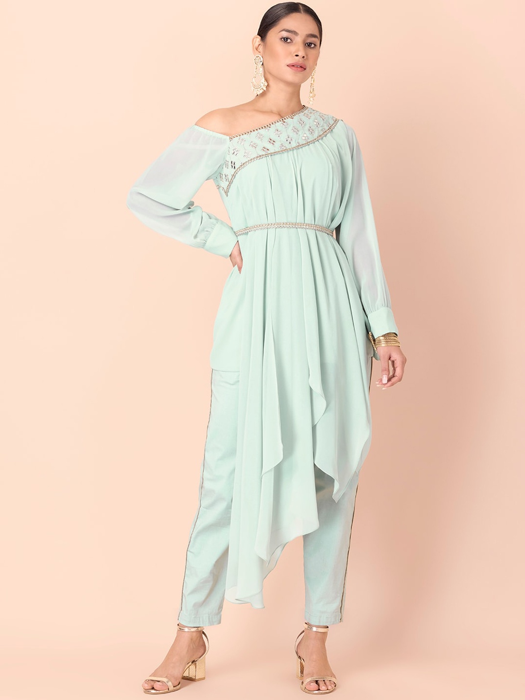 

INDYA Women Green Yoke Design Off-Shoulder Mirror Work Lace Frills Bows and Ruffles Kurta