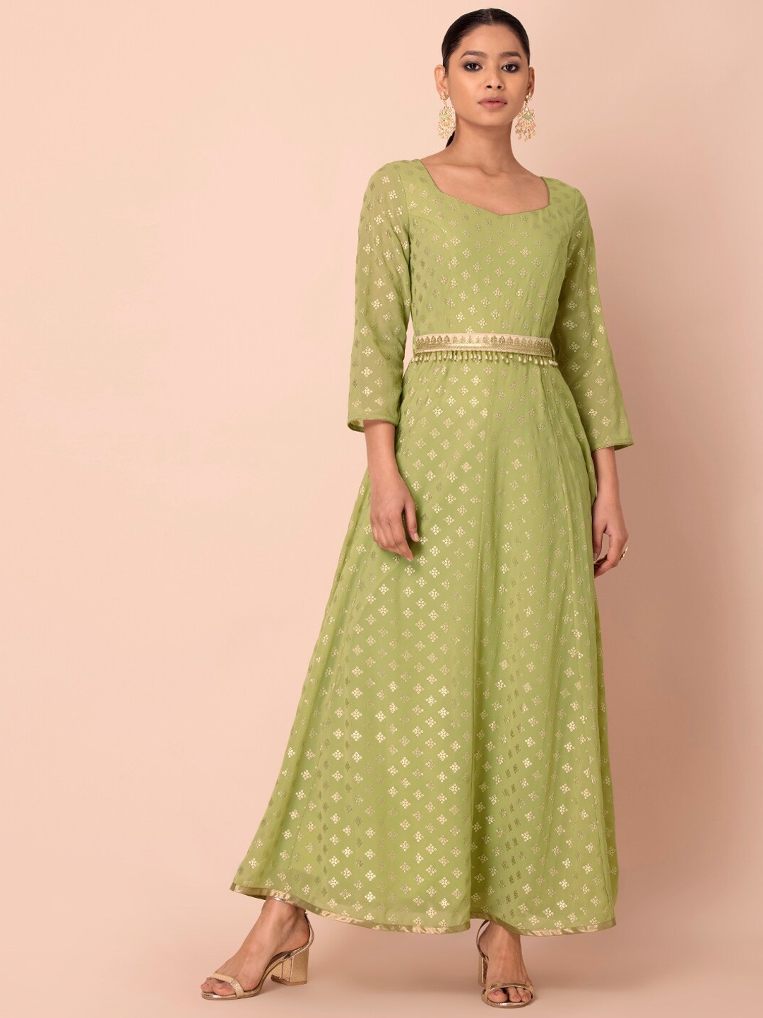 

INDYA Women Green Embroidered Gotta Patti Georgette Anarkali Kurta with Attached Belt