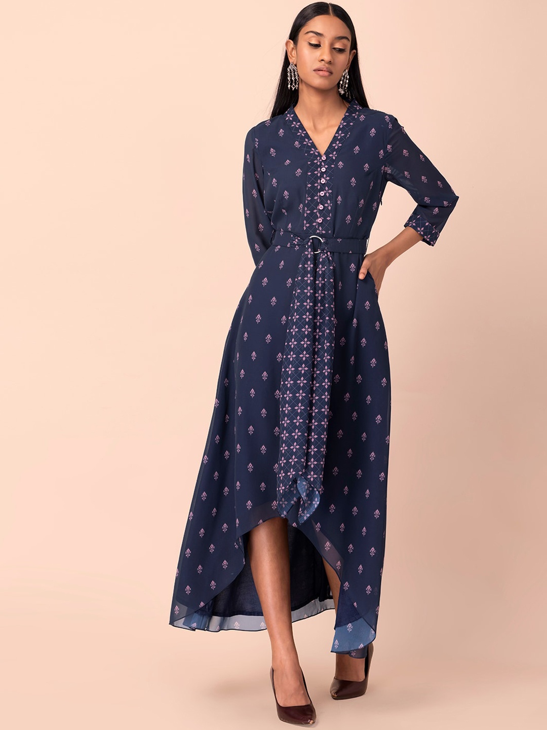 

INDYA Women Navy Blue High Low Georgette Kurta with Attached Belt