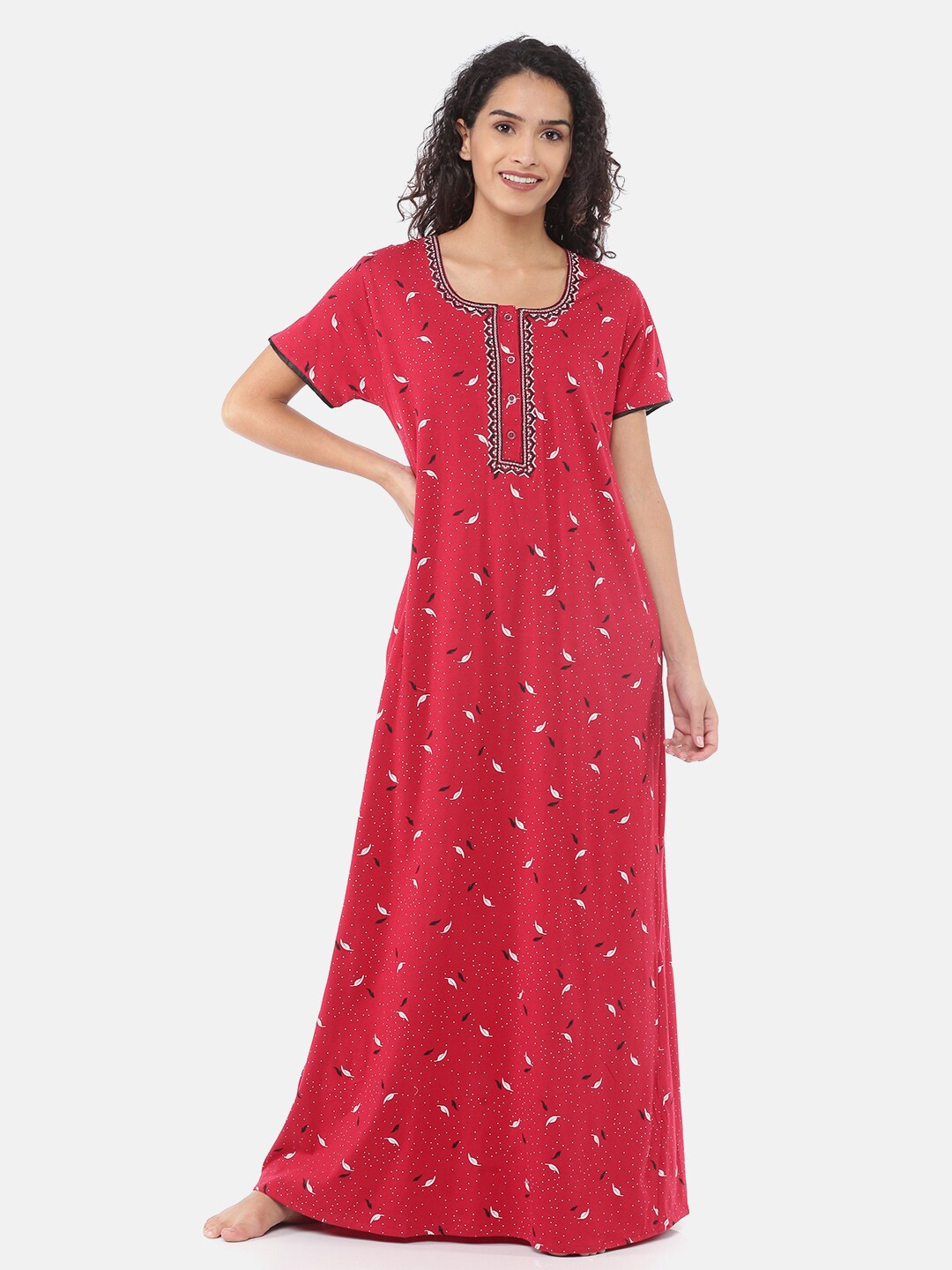 

9shines Label Women Red Embroidered Maxi Nightdress