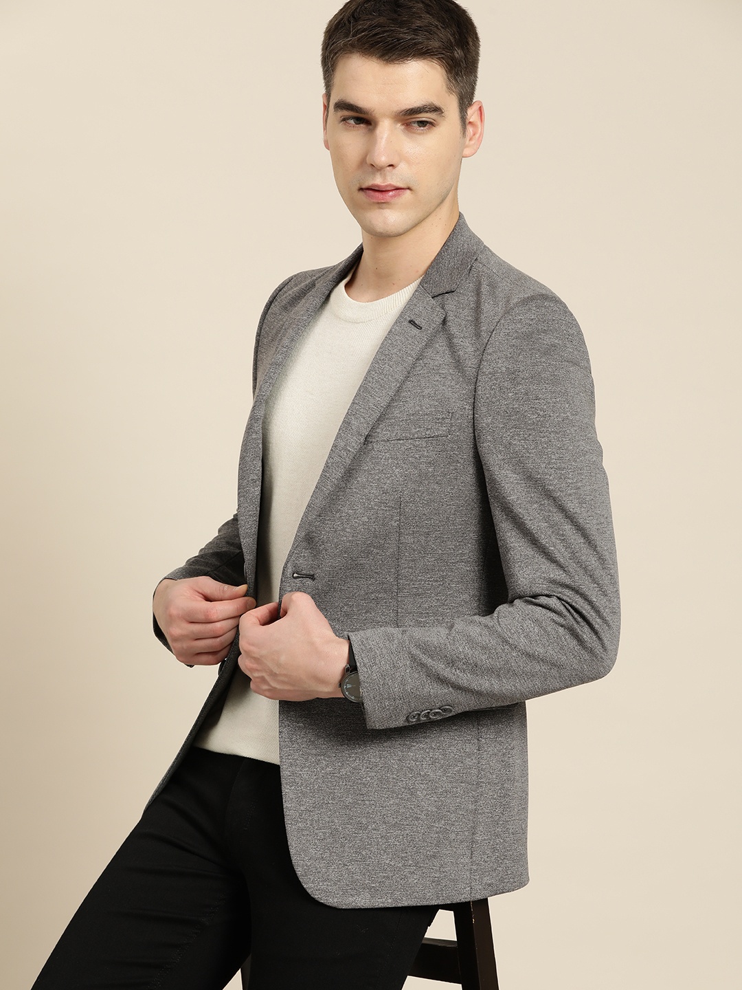 

INVICTUS Men Grey Melange Solid Slim Fit Single-Breasted Blazer