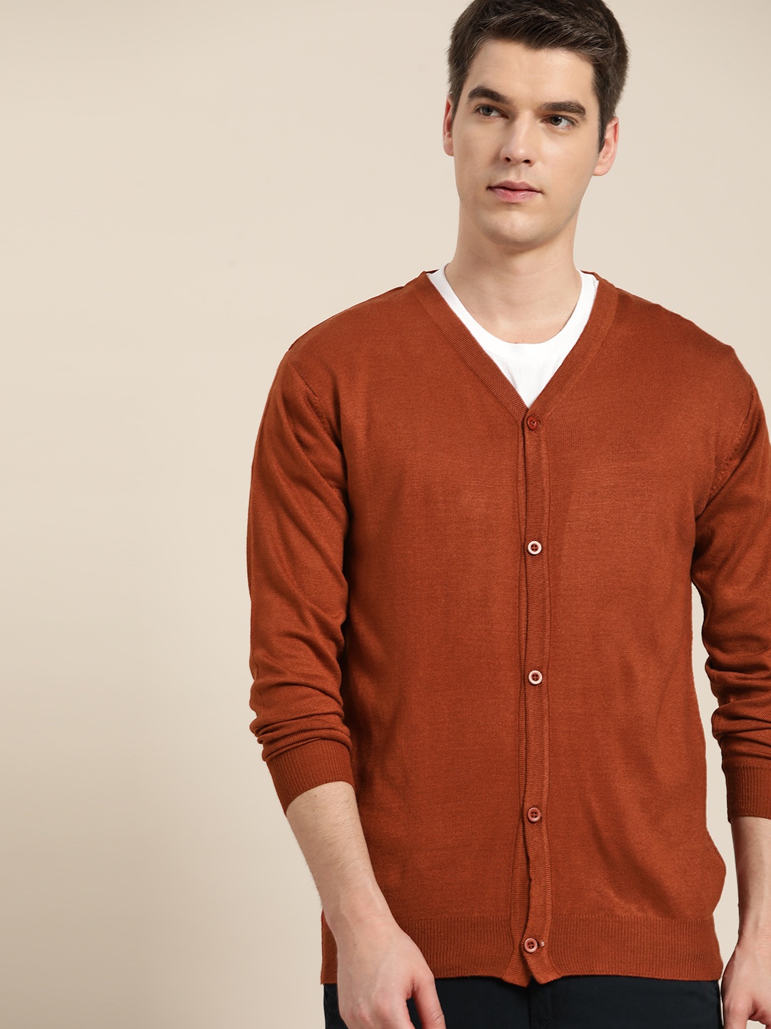 

INVICTUS Men Rust Orange Solid Cardigan