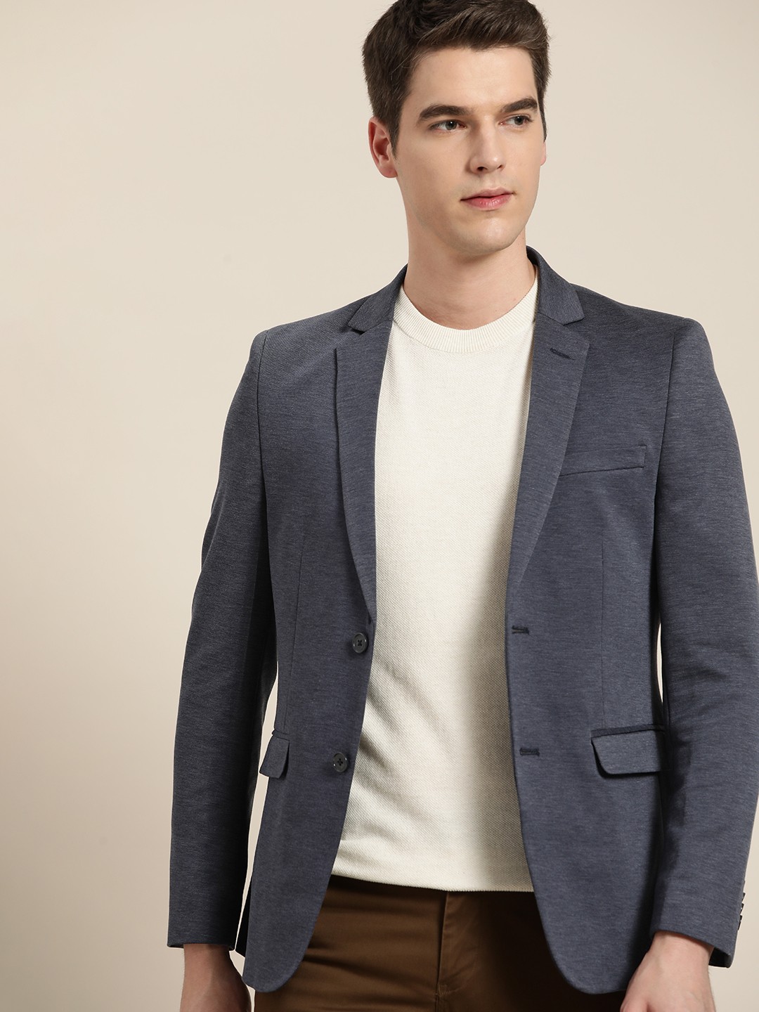 

INVICTUS Men Navy Blue Solid Slim Fit Single-Breasted Casual Blazer