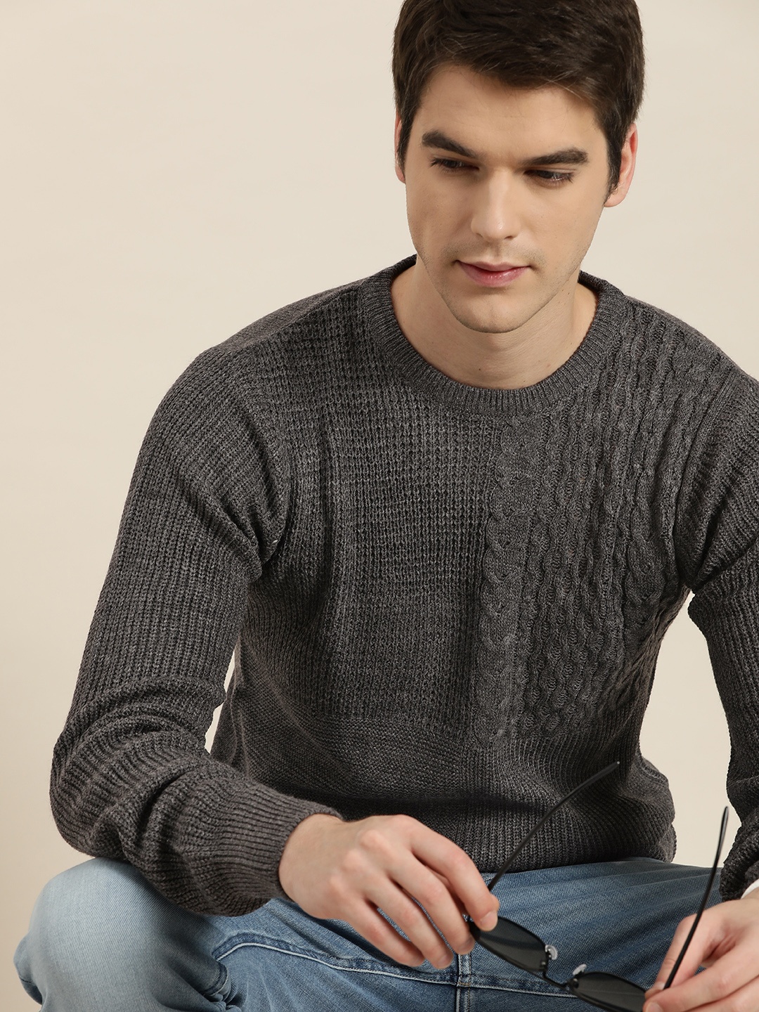 

INVICTUS Men Grey Self-Design Acrylic Cable Knit Pullover