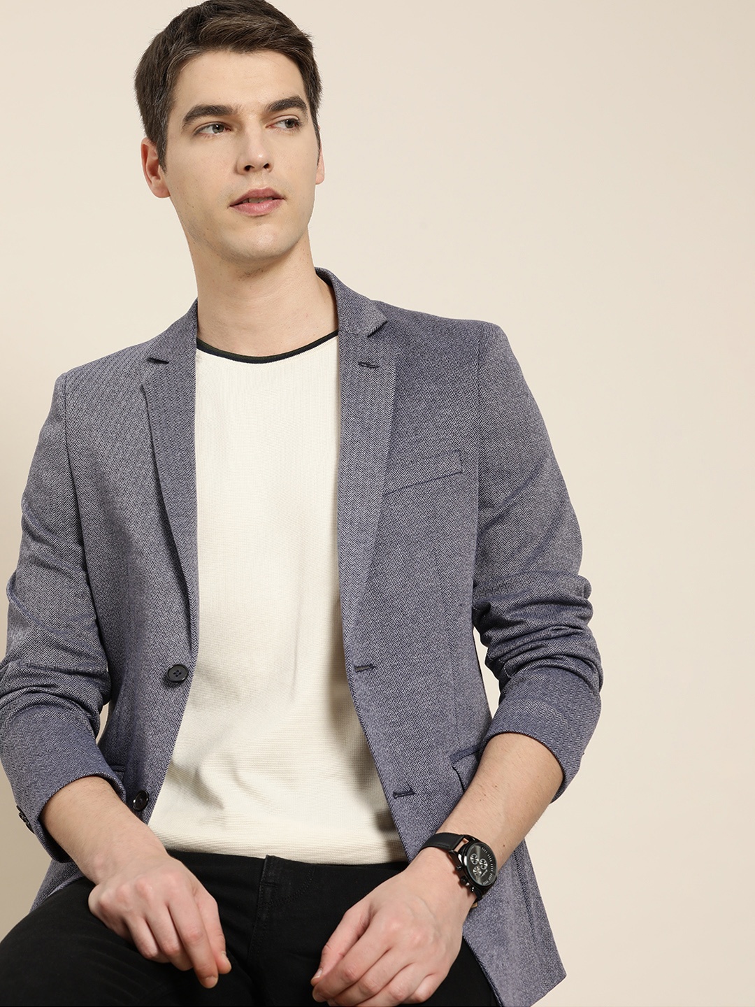 

INVICTUS Self Design Slim Fit Smart Casual Blazer, Navy blue