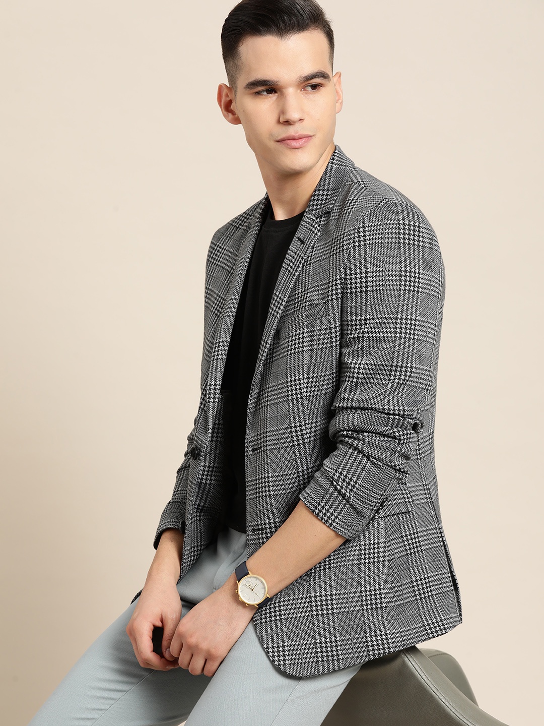 

INVICTUS Houndstooth Pattern Slim Fit Single Breasted Blazer, Black