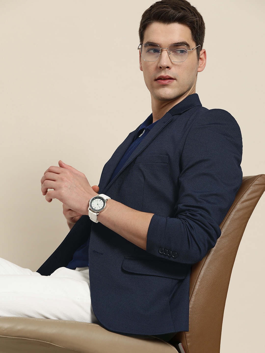 

INVICTUS Men Navy Blue Self Design Slim Fit Single Breasted Blazer