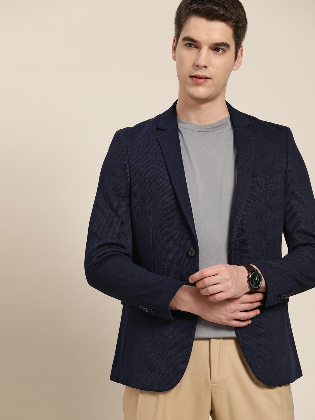

INVICTUS Men Navy Blue Woven Design Slim Fit Casual Blazer