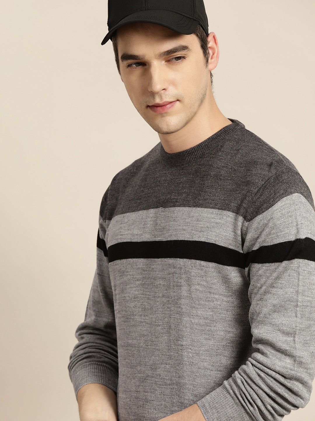 

INVICTUS Men Grey & Black Acrylic Striped Pullover