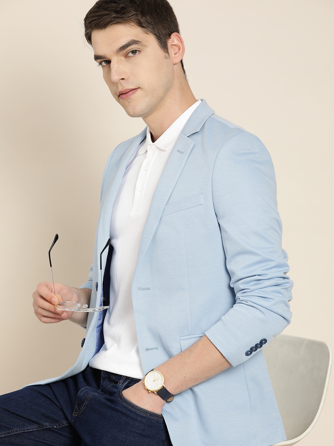 

INVICTUS Solid Single-Breasted Slim Fit Blazer, Blue