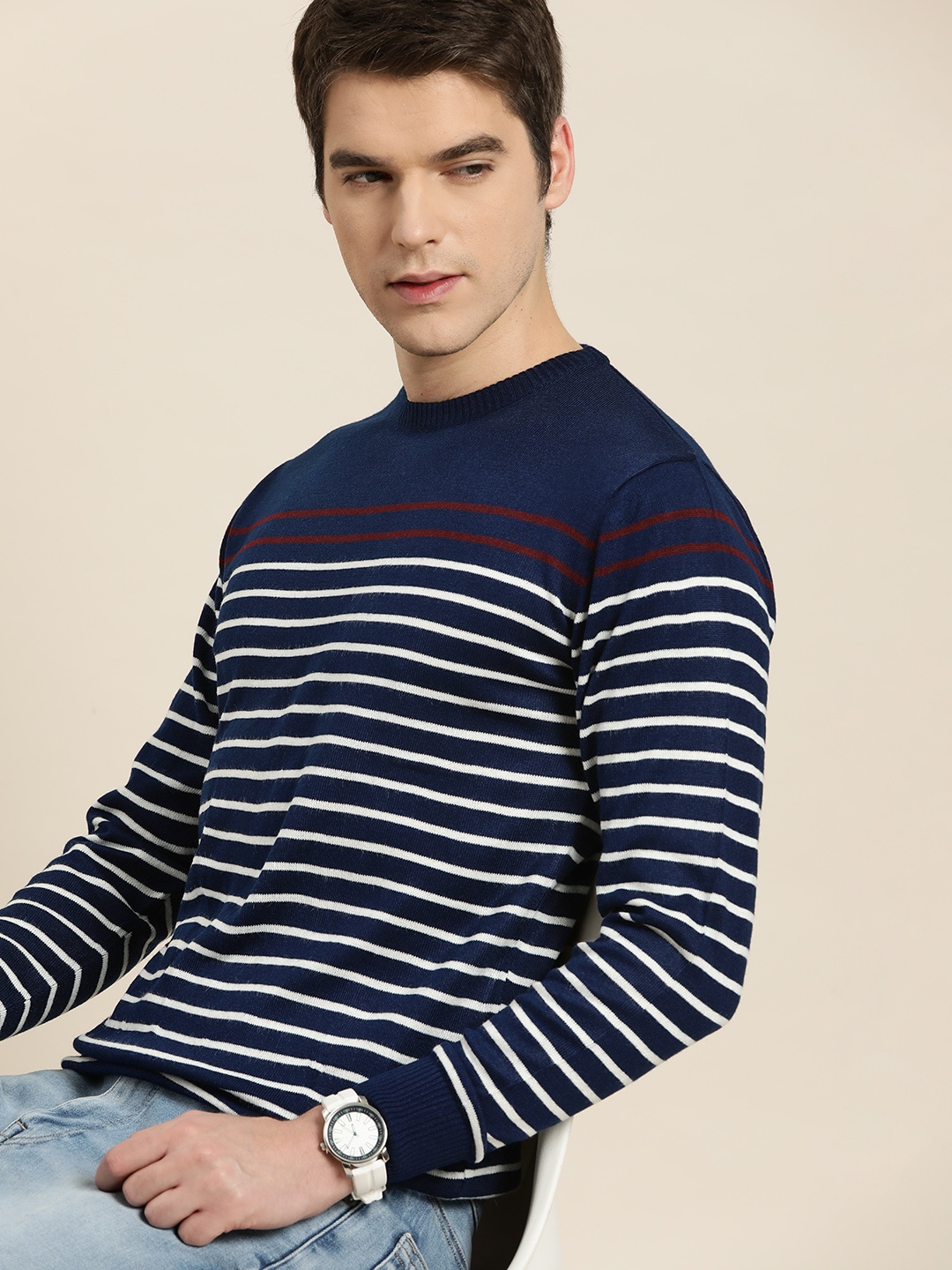 

INVICTUS Men Navy Blue & White Striped Acrylic Pullover