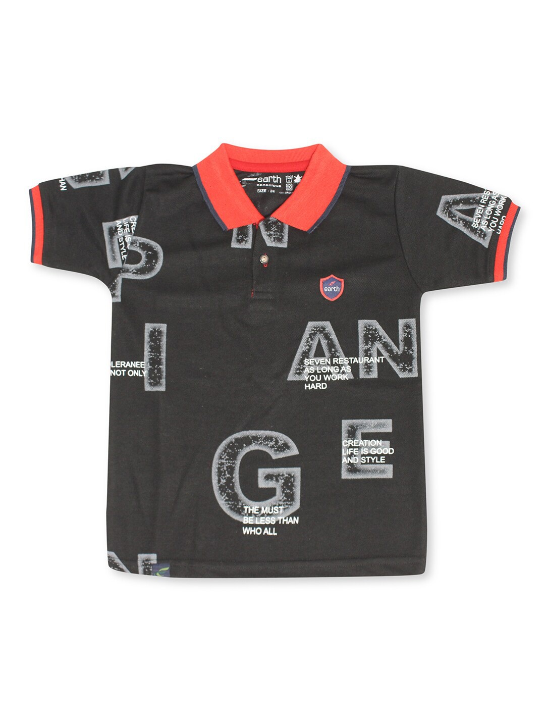 

earth conscious Boys Black Typography Printed Polo Collar Applique T-shirt