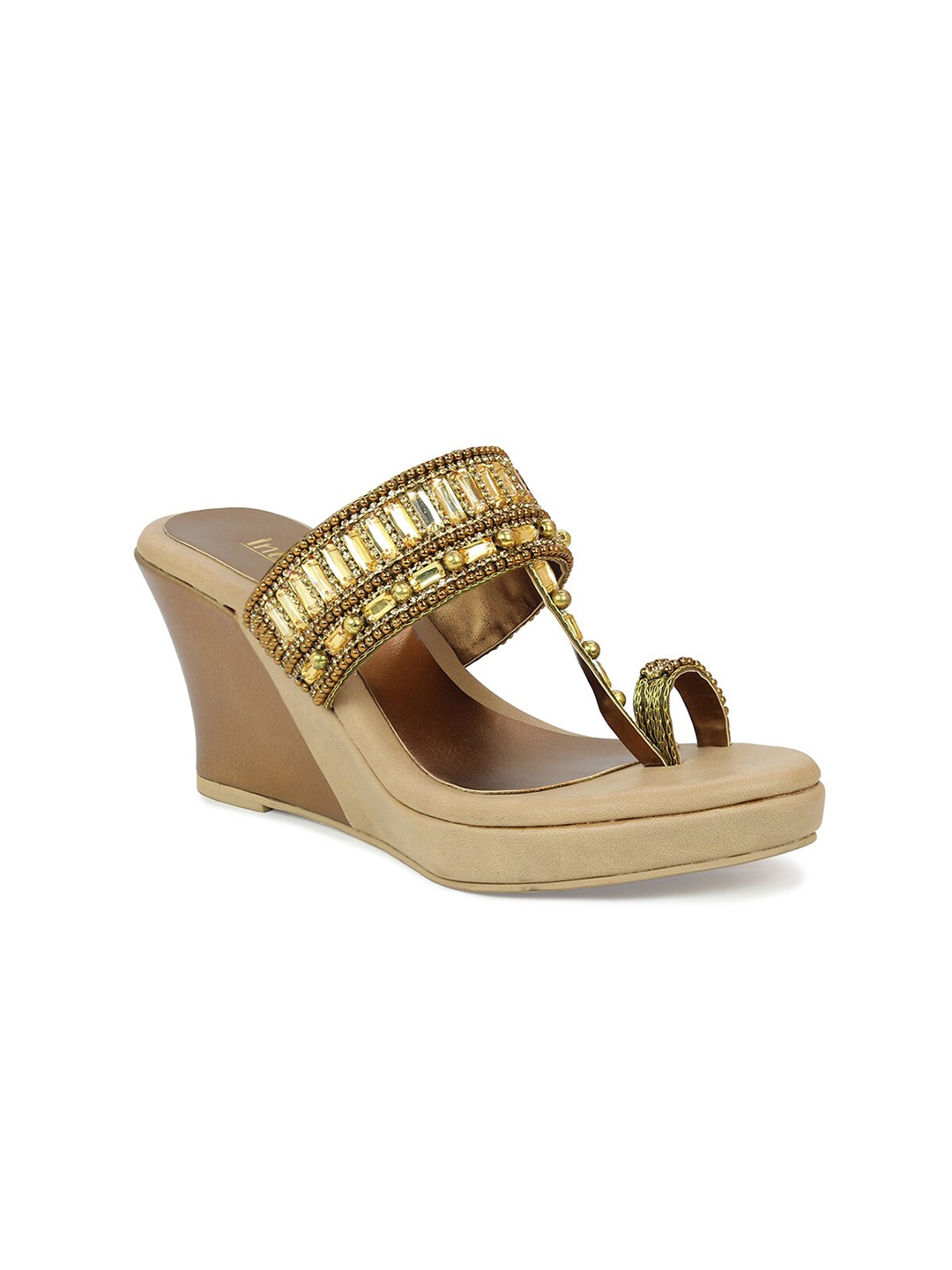 

Inc 5 Gold-Toned & Brown Embellished Wedge Heels