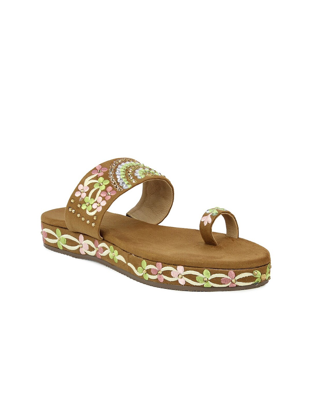 

Inc 5 Women Tan & Gold-Toned Ethnic Suede Comfort Sandals