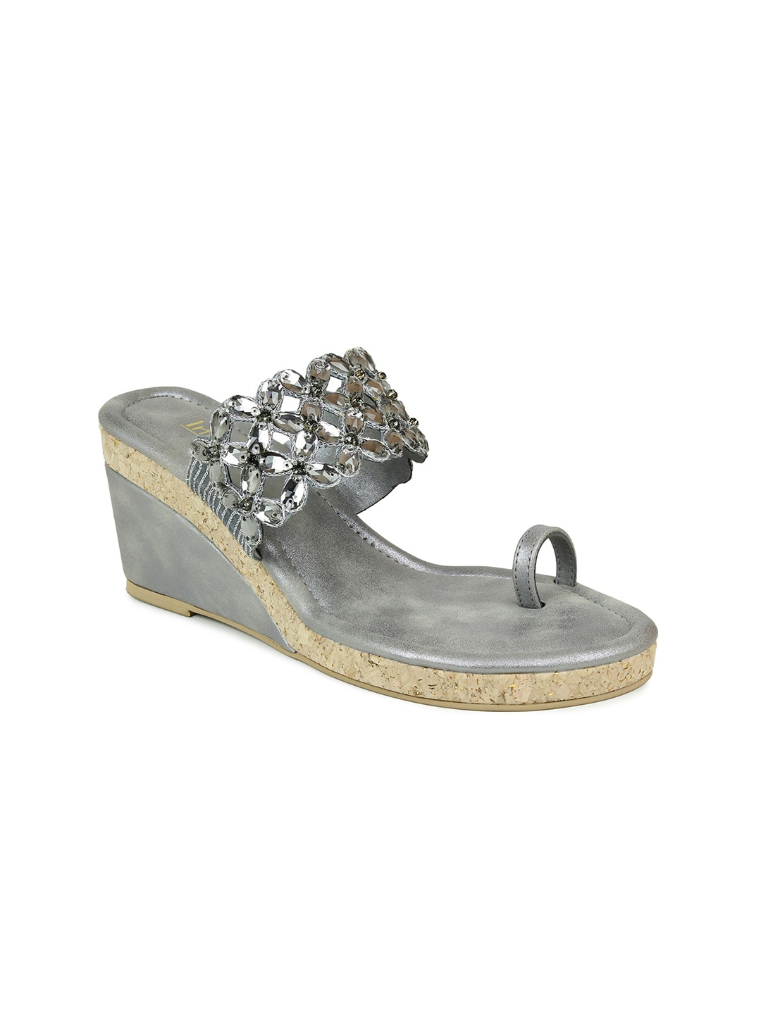 

Inc 5 Gunmetal-Toned & Grey Embellished Ethnic Wedge Heels, Metallic