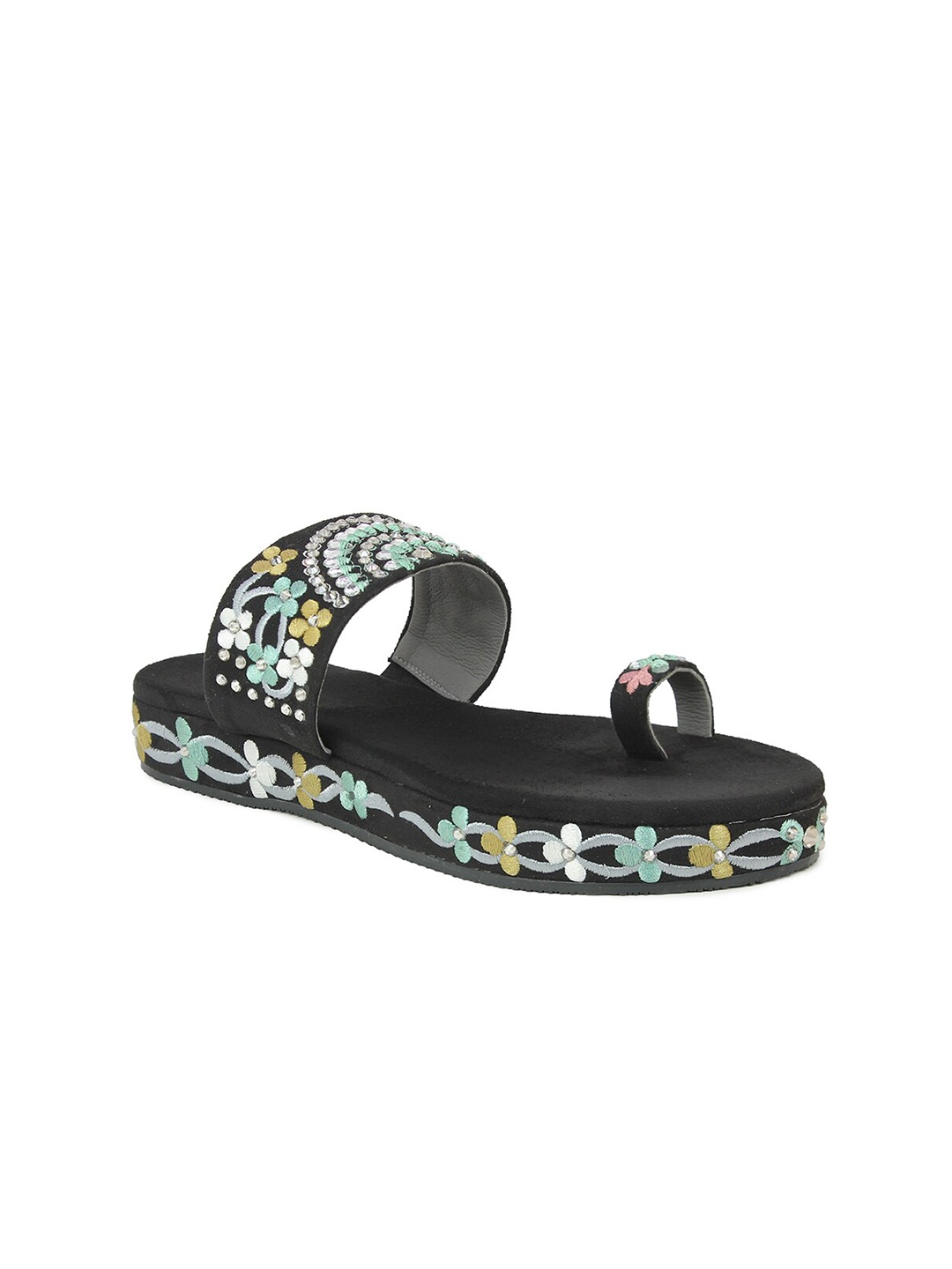 

Inc 5 Women Black Embellished Suede Ethnic Flatform Sandals