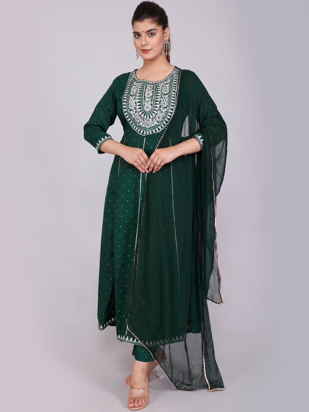 

gvs shoppe Women Green Yoke Design Panelled Pure Cotton Kurta With Trousers & Dupatta