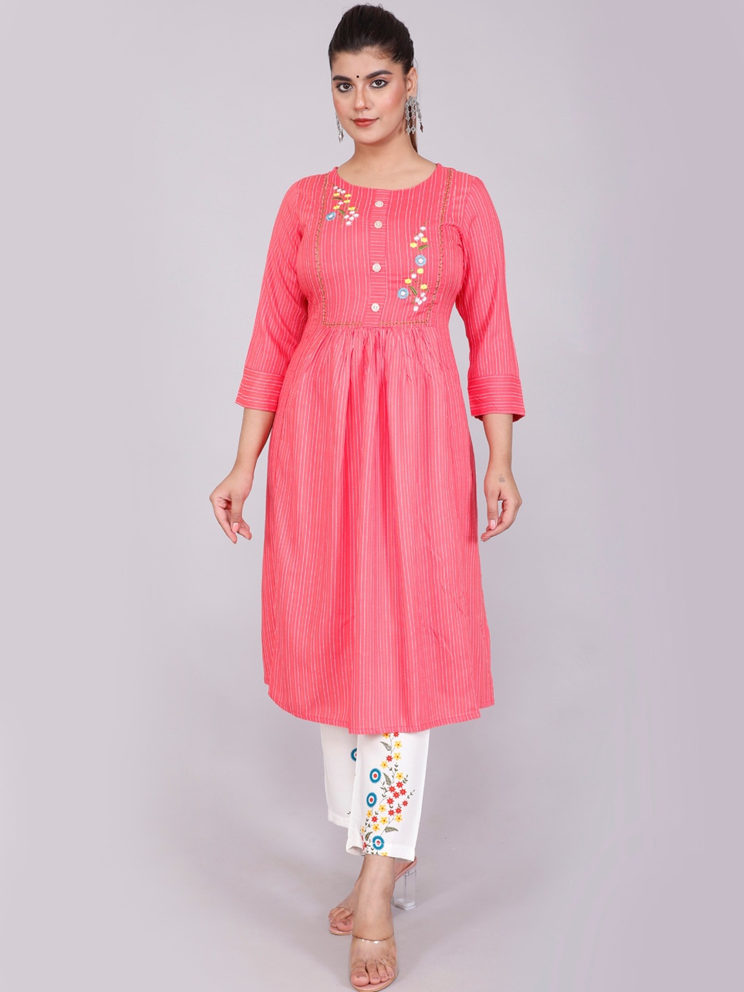

gvs shoppe Women Pink Striped Yoke Design Pleated Pure Cotton Kurta Set