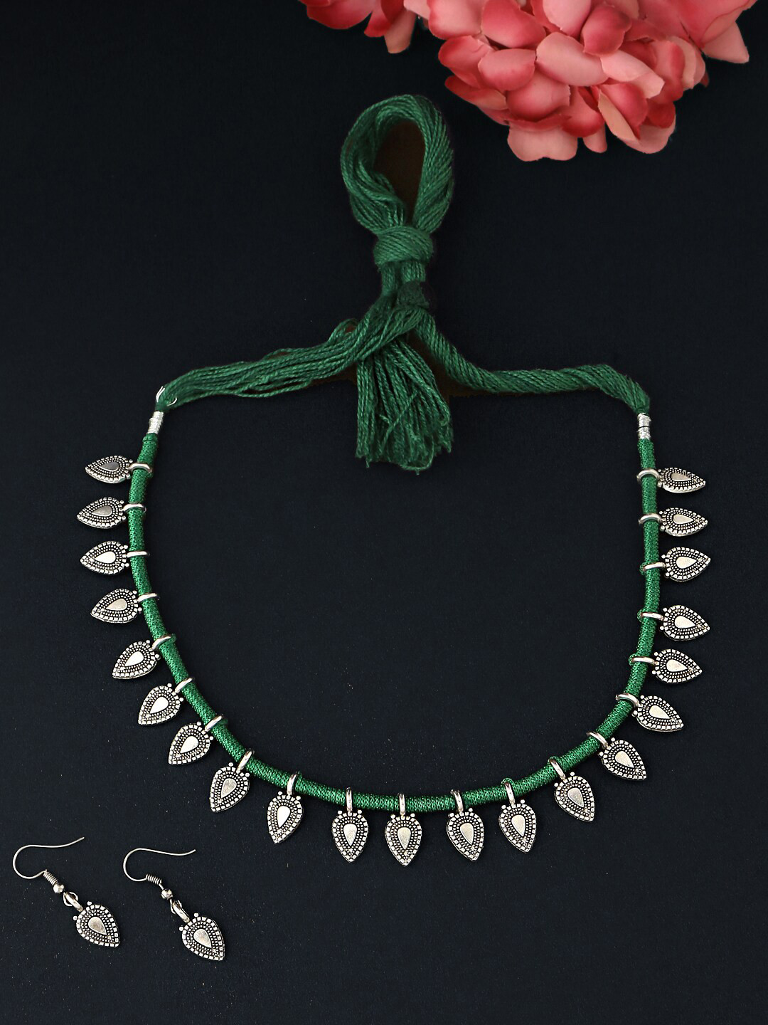 

Yellow Chimes Silver-Plated Green Oxidized Dori Work Thread Charm Tribal Necklace Set