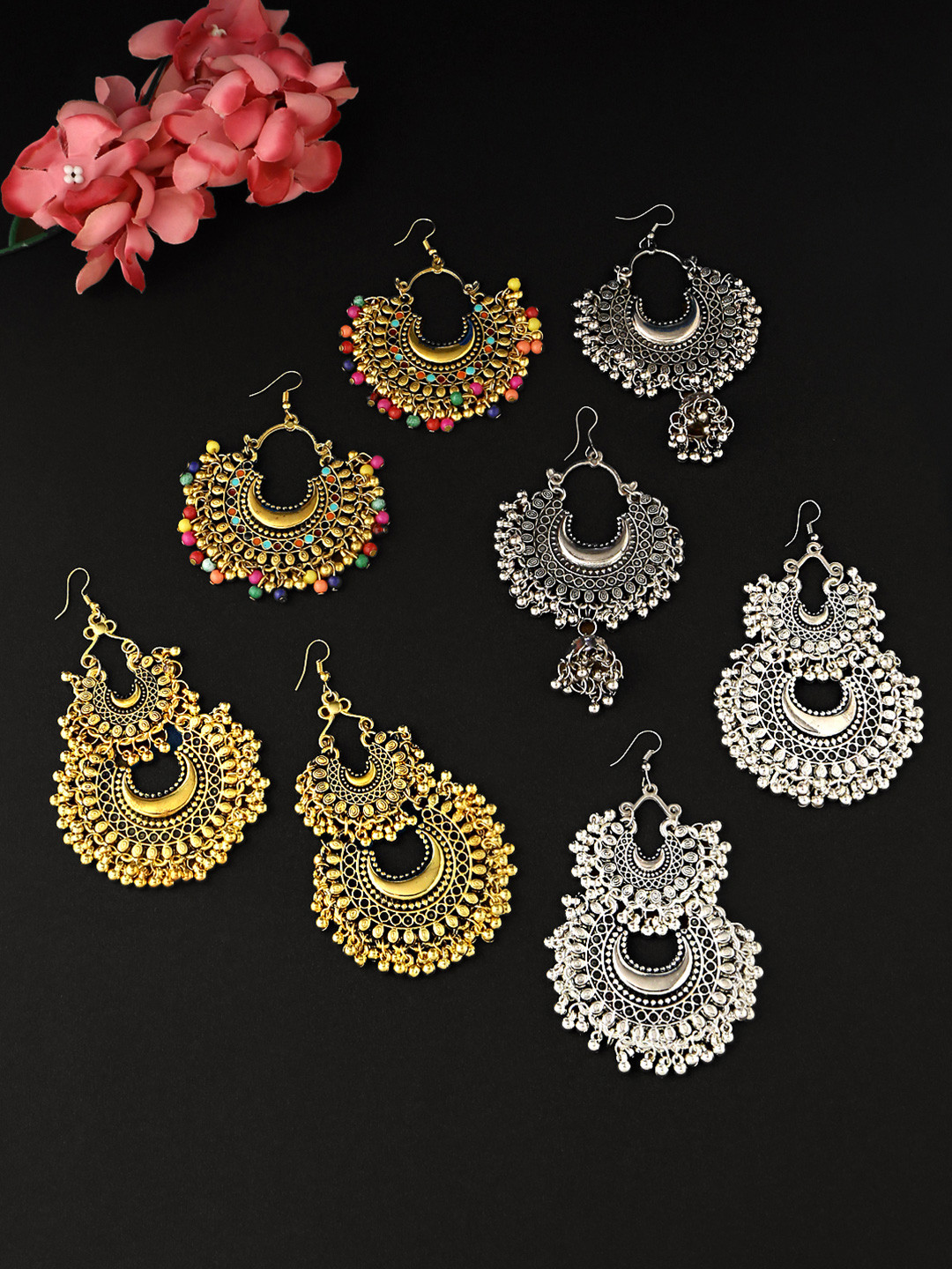 

Yellow Chimes Set of 4 Gold and Silver Toned Oxidised Chandbali earrings