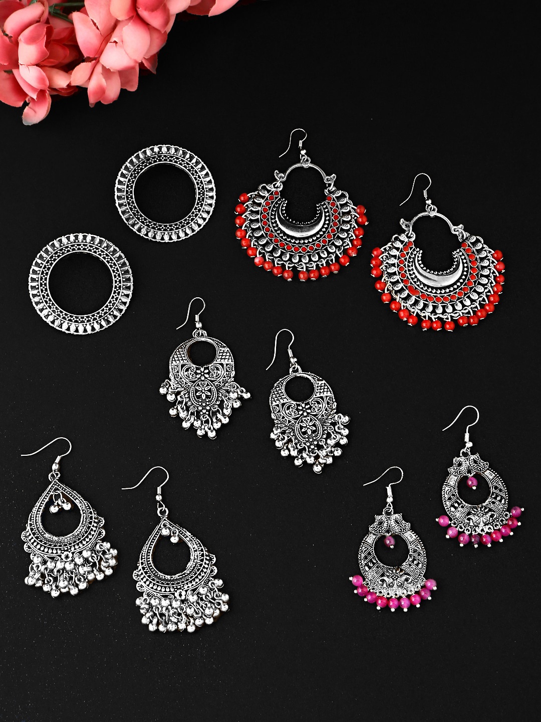 

Yellow Chimes Multicoloured Set Of 5 Contemporary Oxidised Chandbali Earrings, Multi