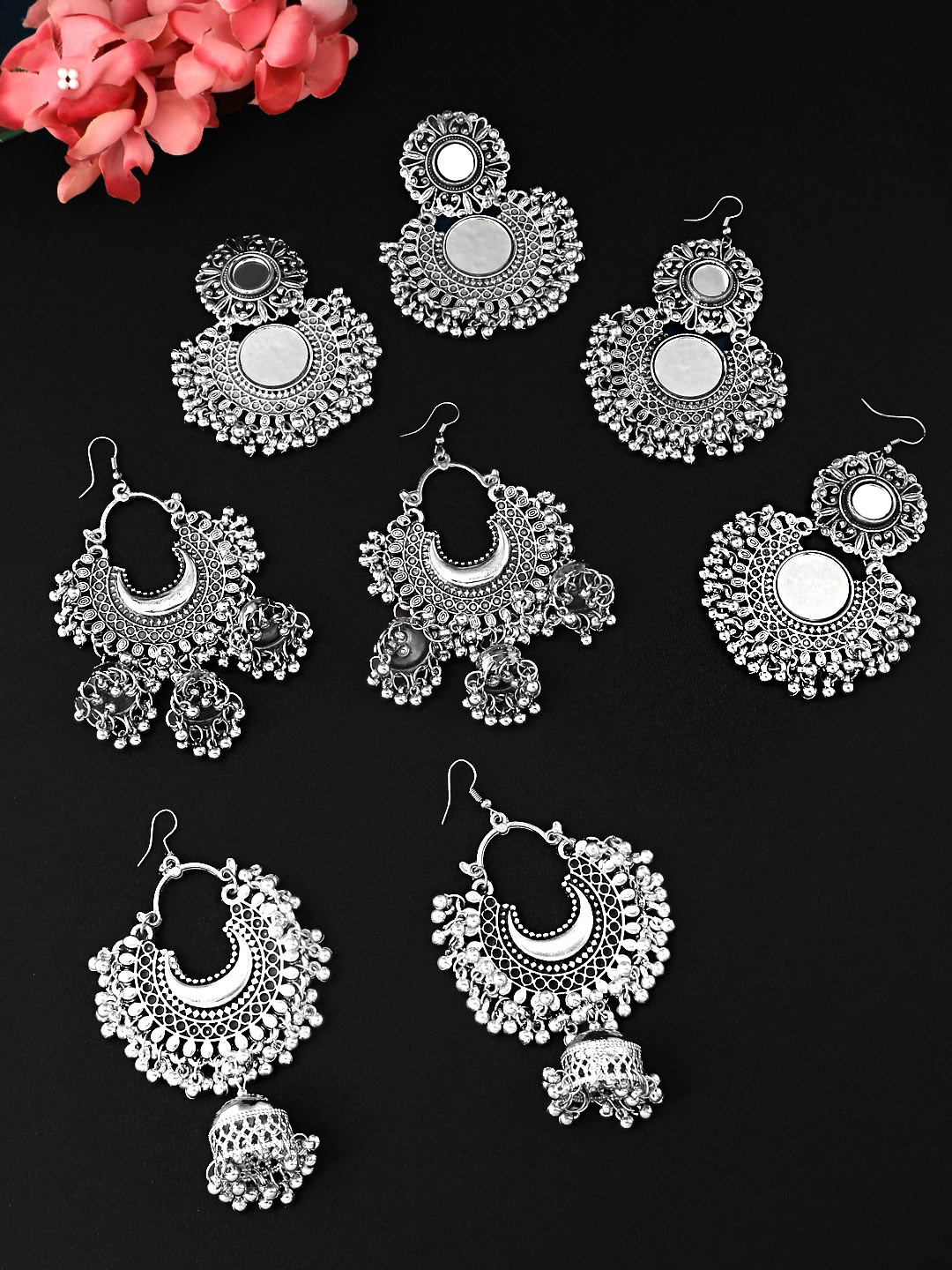

Yellow Chimes Silver-Toned Oxidised Contemporary Chandbalis Earrings