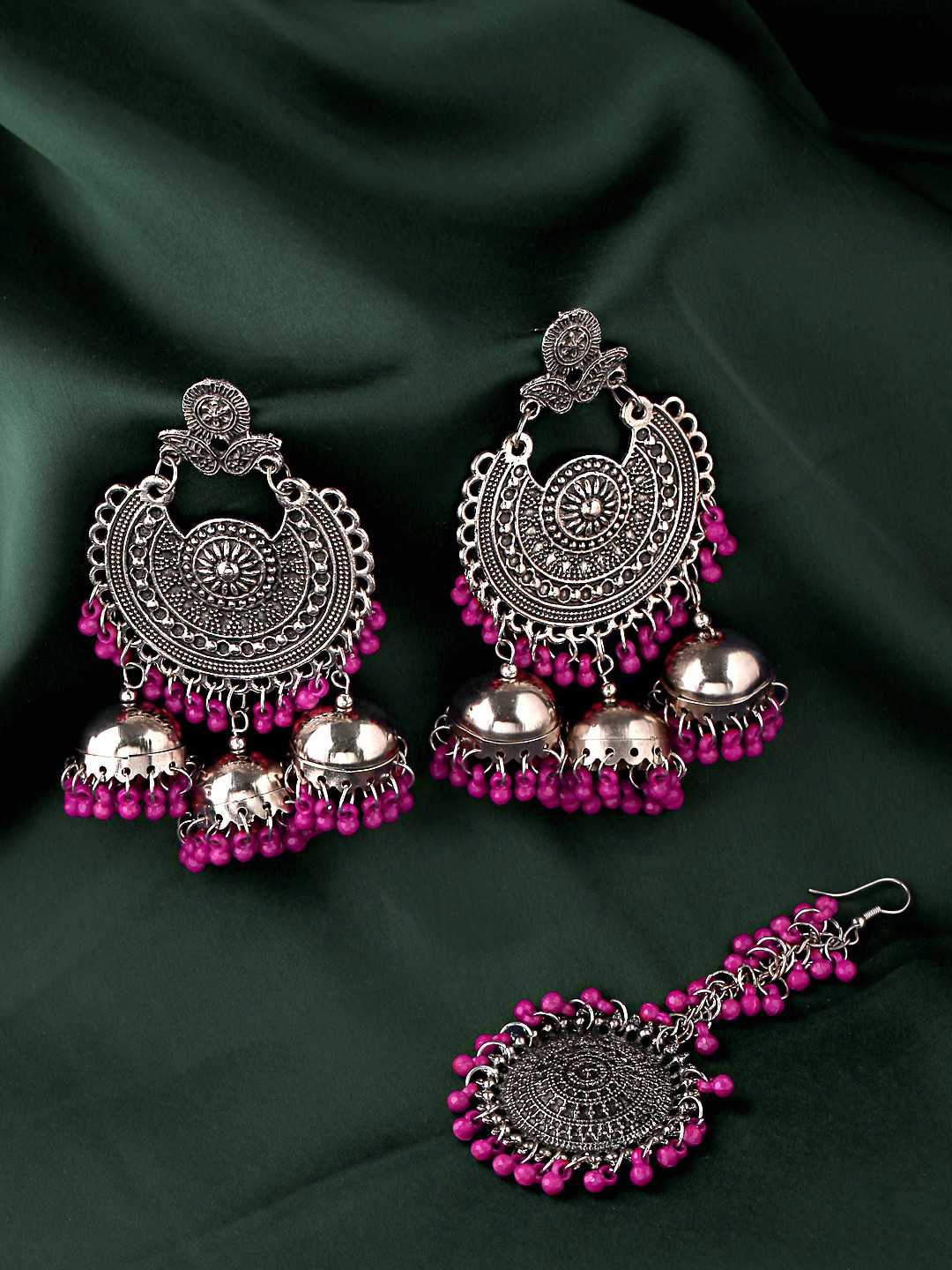 

Yellow Chimes Pink Bids Studded Oxidised Traditional Earring With Maangtikka