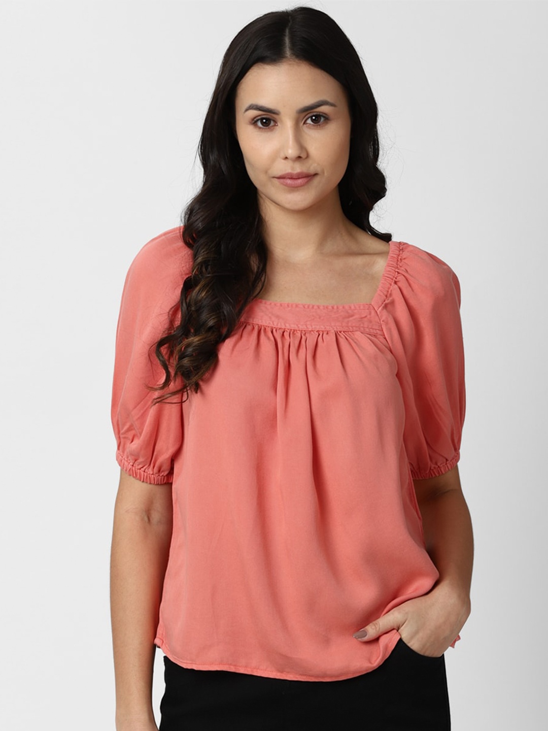 

Van Heusen Woman Peach-Coloured Puffed Sleeves Top