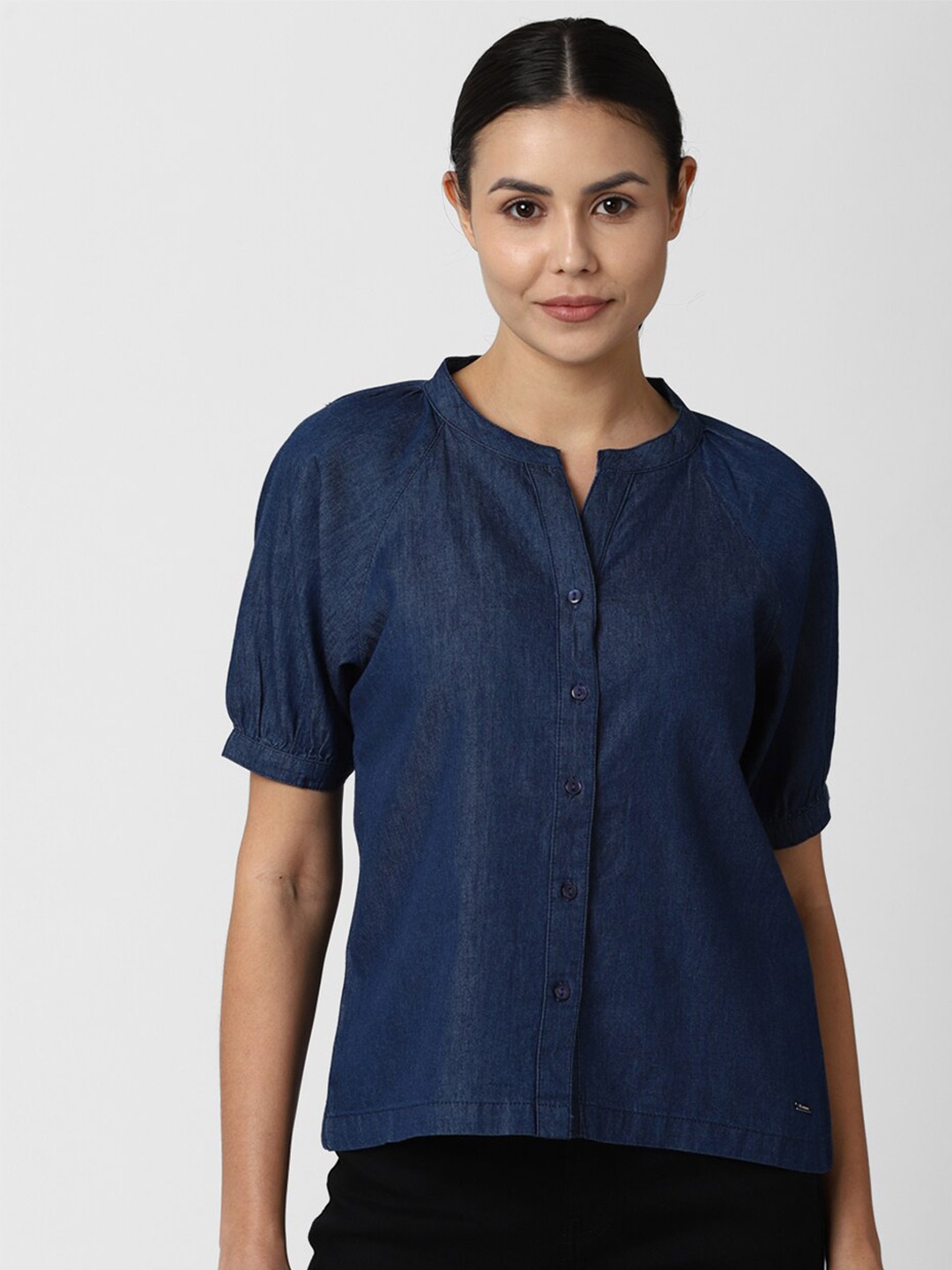 

Van Heusen Woman Navy Blue Mandarin Collar Shirt Style Top