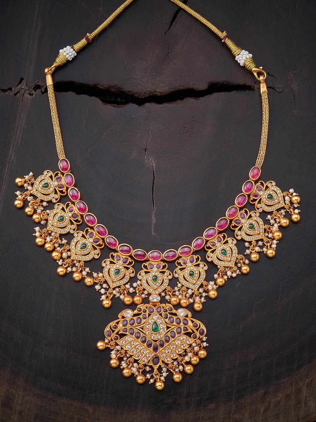 

Kushals Fashion Jewellery Gold-Plated Green 92.5 Silver Temple Necklace, Red