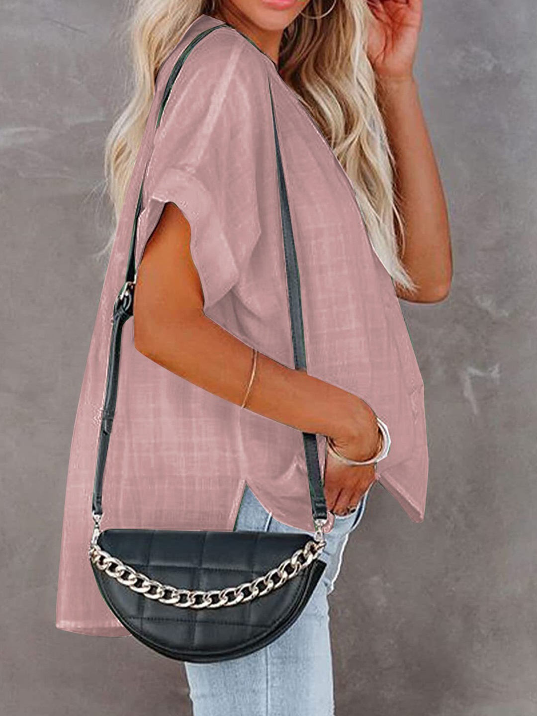 

BoStreet Women Pink Mandarian Collar Solid Shirt Style Top