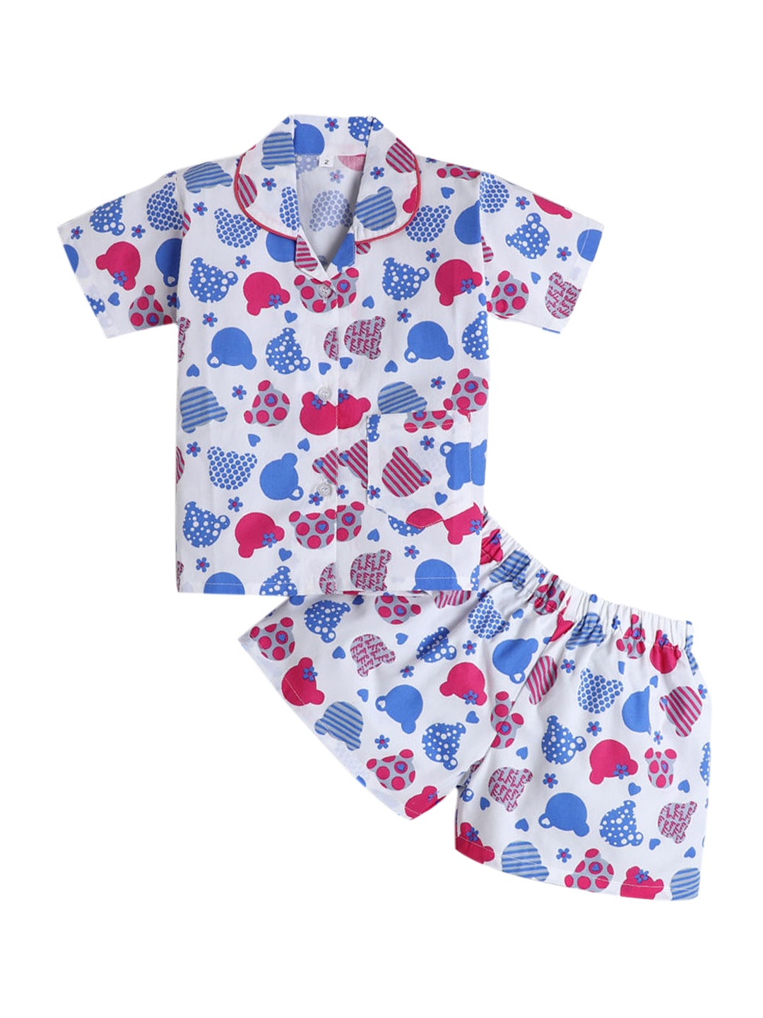

Hopscotch Unisex Kids White & Blue Printed Night suit