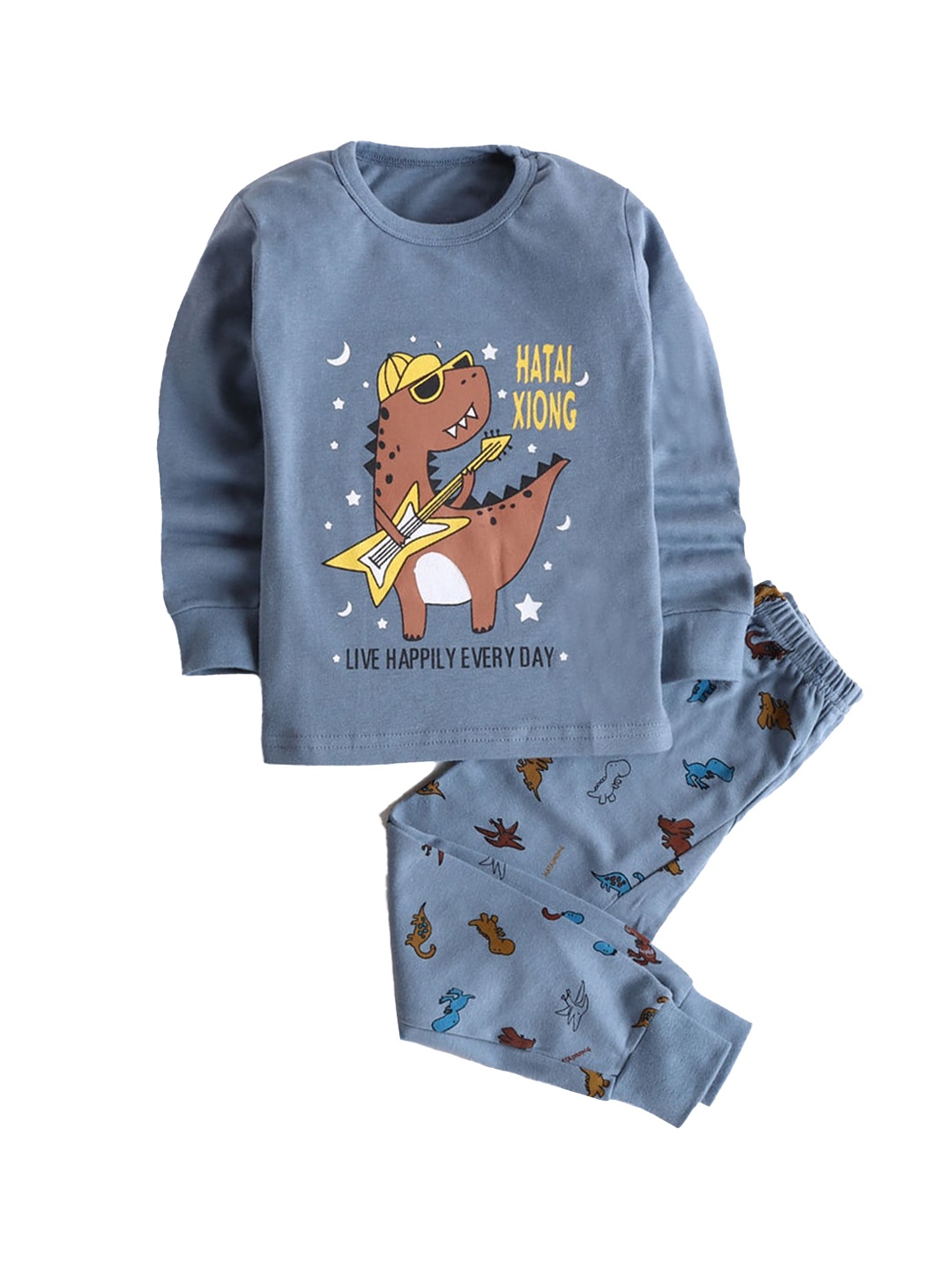 

Hopscotch Boys Blue & Black Printed Night suit