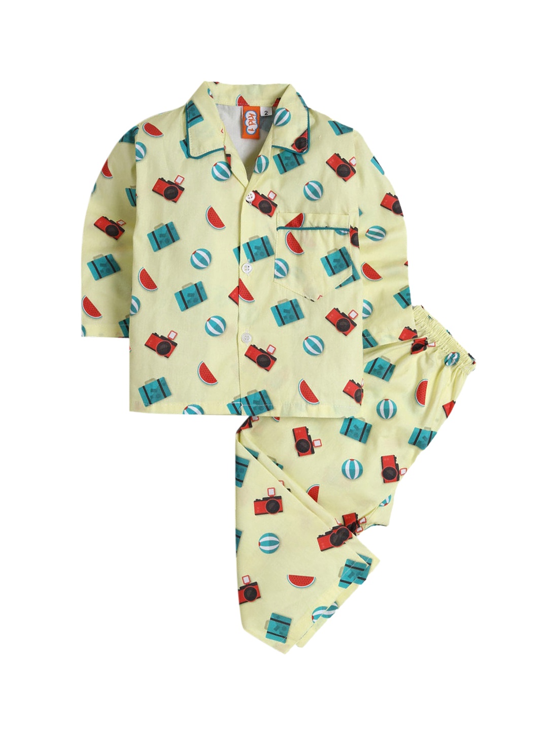 

Hopscotch Boys Yellow & Blue Pure Cotton Printed Night suit