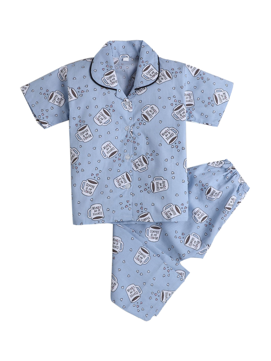 

Hopscotch Unisex Kids Blue & Black Printed Pure Cotton Night Suit