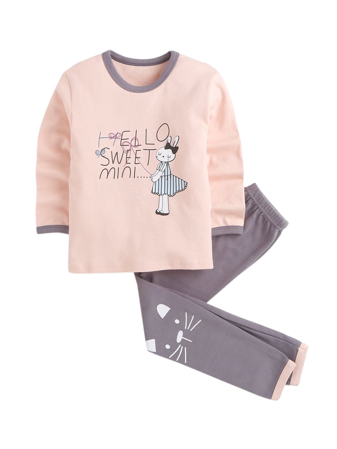 

Hopscotch Girls Peach-Coloured & Grey Pure Cotton Printed Night suit