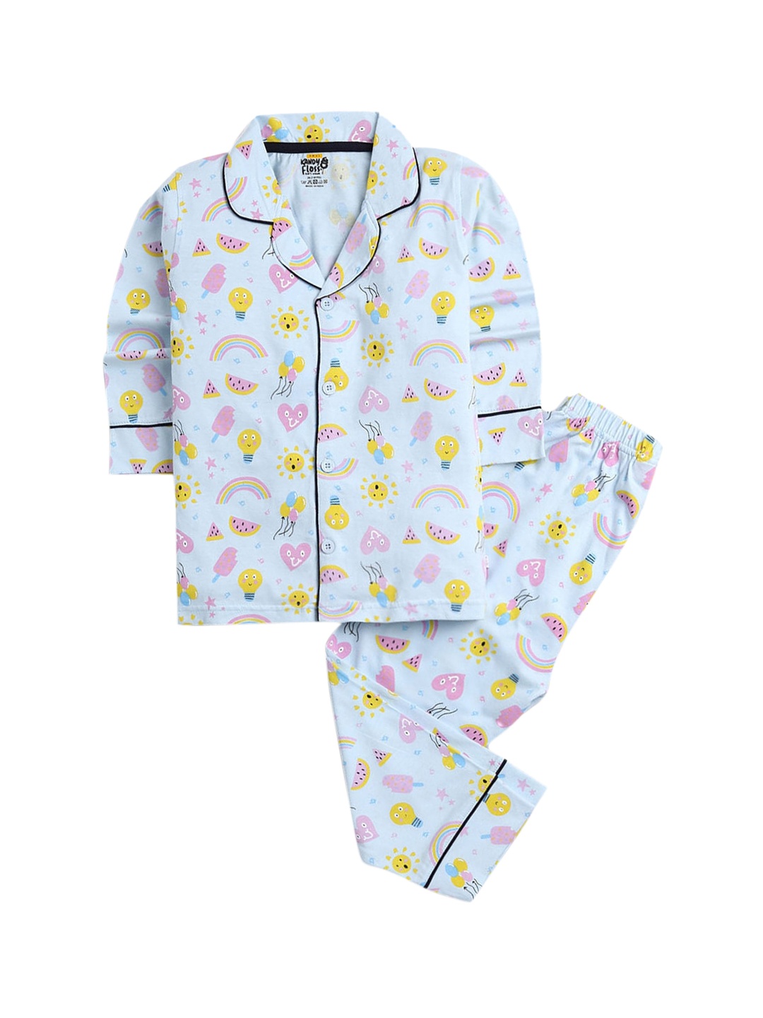 

Hopscotch Girls Off White & Blue Printed Pure Cotton Night Suit