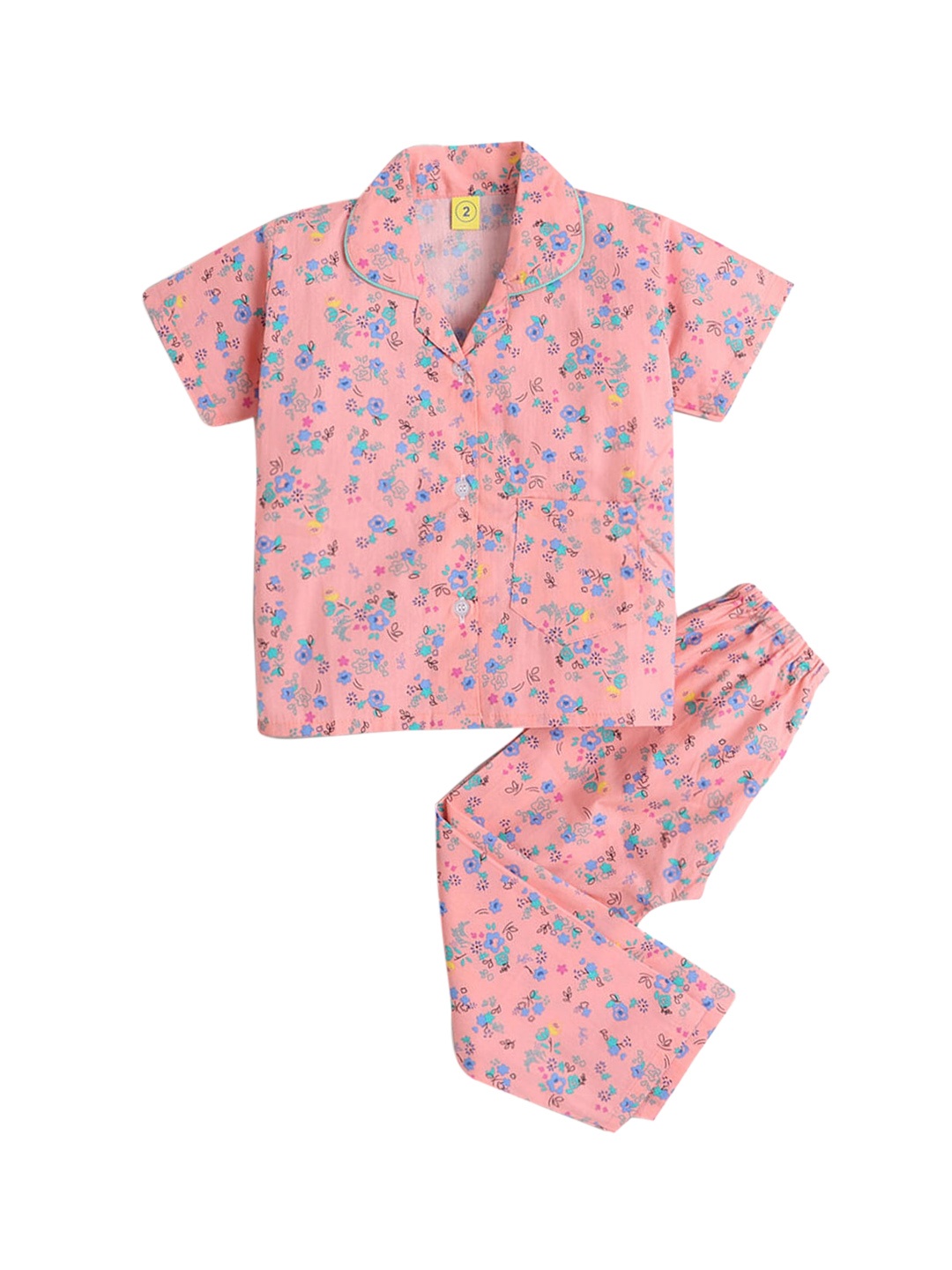 

Hopscotch Girls Peach-Coloured & Blue Printed Night suit