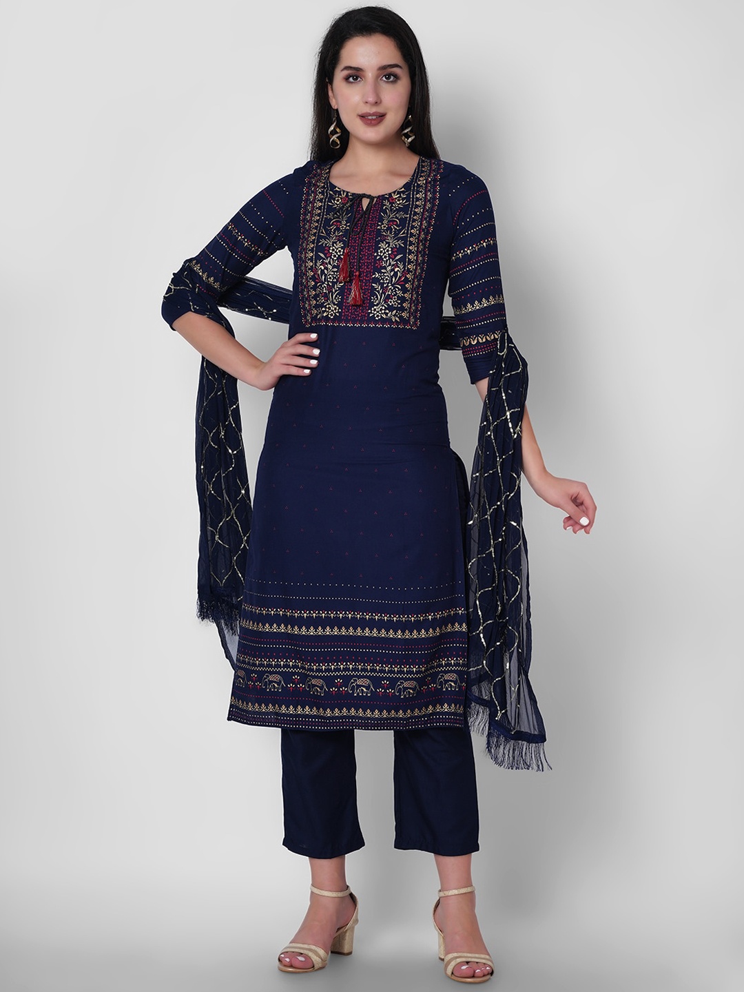 

ORTANGE Women Blue Ethnic Motifs Yoke Design Kurta with Trousers & Dupatta
