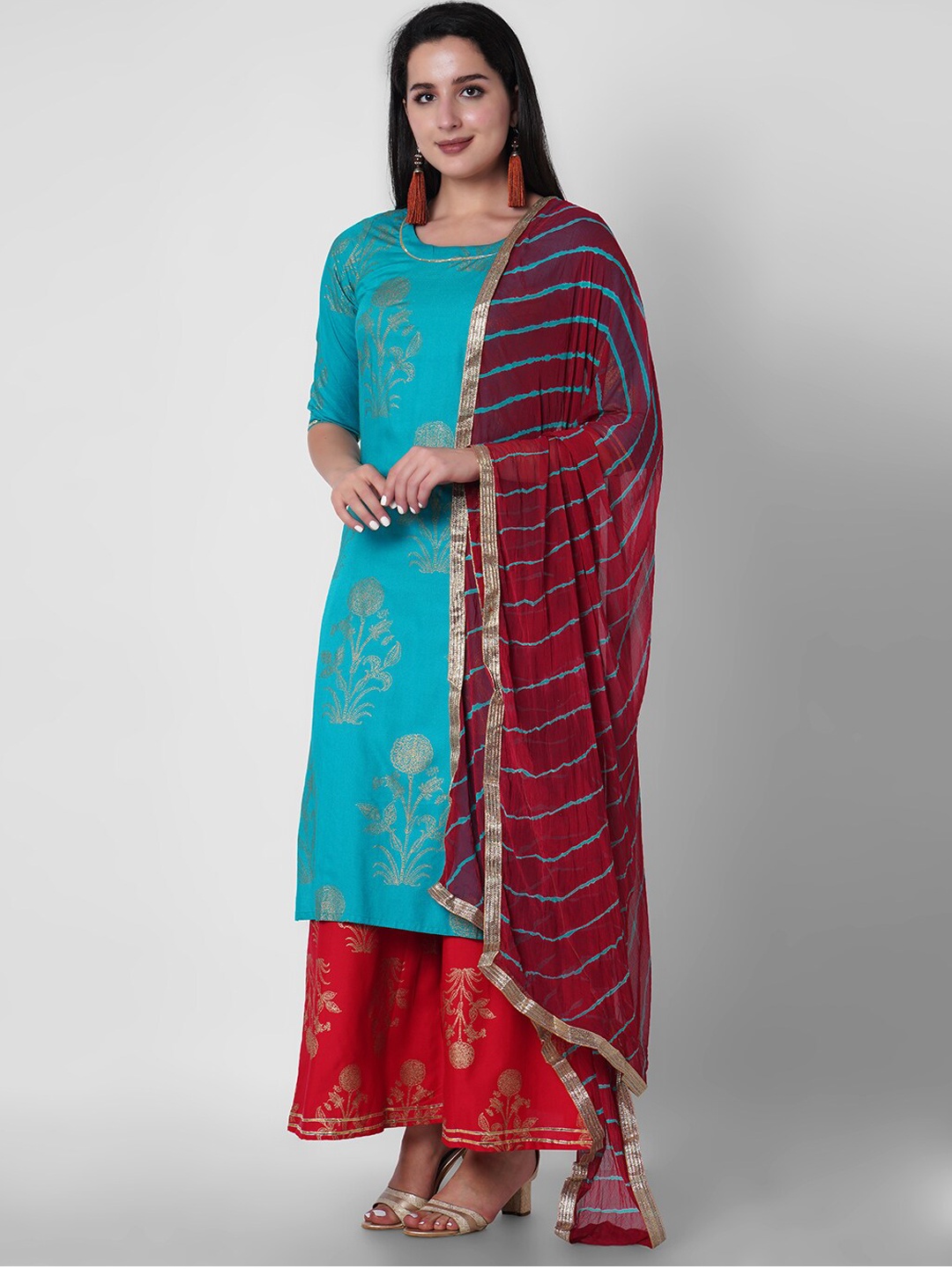 

ORTANGE Women Sea Green Ethnic Motifs Printed Gotta Patti Kurta with Palazzos & With Dupatta