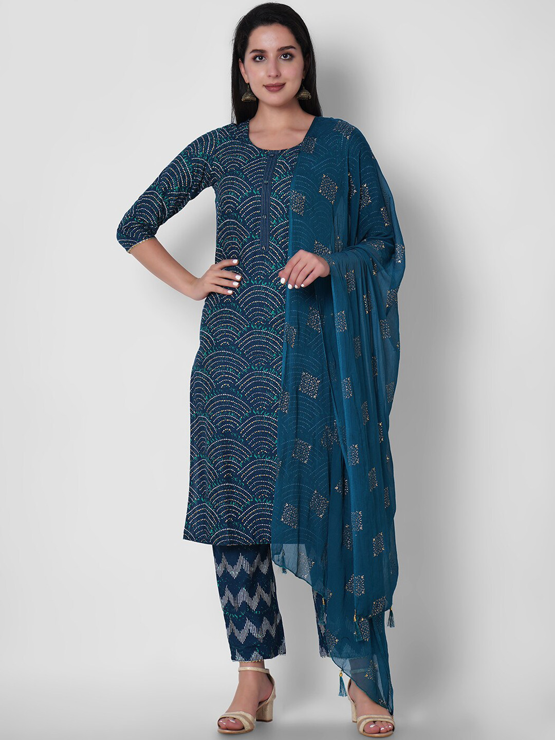 

ORTANGE Women Blue Printed Kurta with Trousers & With Dupatta
