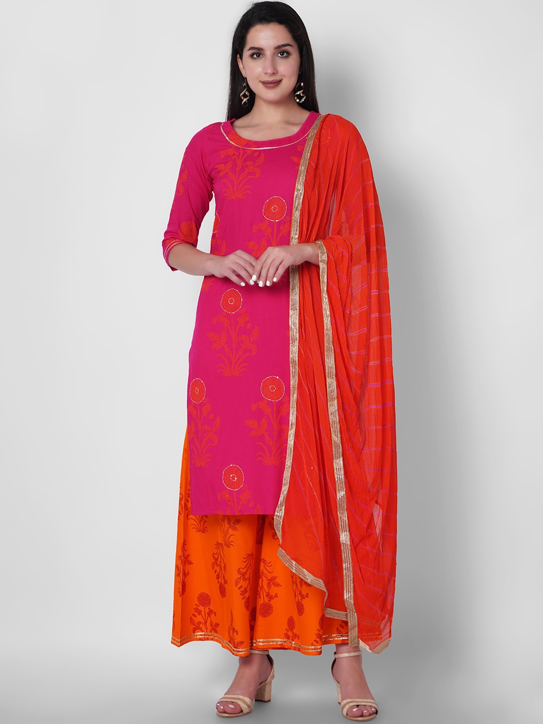 

ORTANGE Women Pink & Orange Ethnic Motifs Printed Kurta with Palazzos & With Dupatta