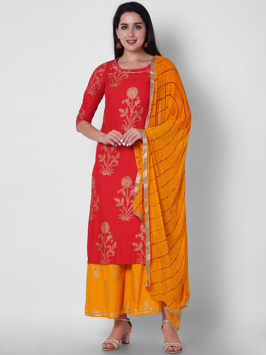 

ORTANGE Women Red Floral Printed Gotta Patti Kurta with Palazzos & With Dupatta