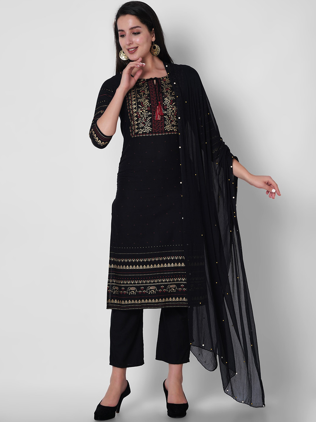 

ORTANGE Women Black Ethnic Motifs Printed Kurta with Trousers & With Dupatta