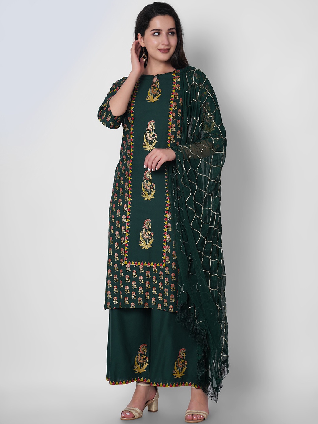 

ORTANGE Women Green Floral Printed Kurta with Palazzos & With Dupatta