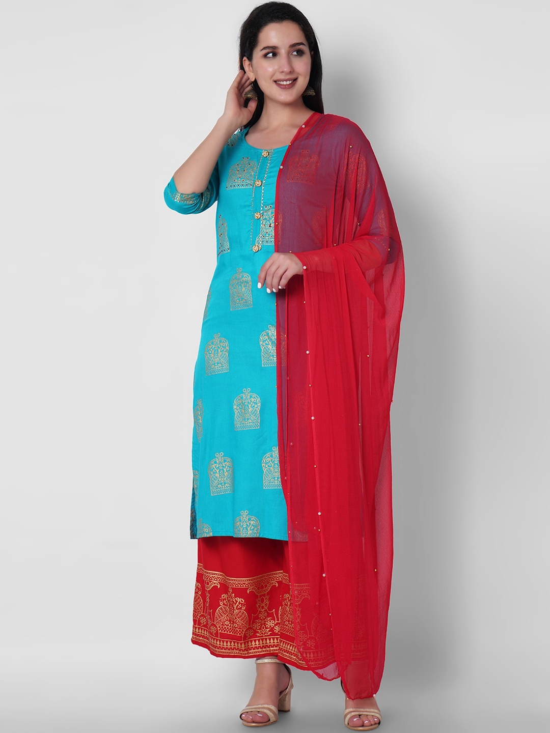 

ORTANGE Women Sea Green & Red Ethnic Motifs Printed Kurta with Palazzos & With Dupatta
